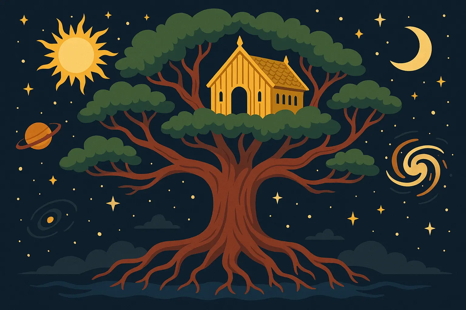 Yggdrasil World Tree with Valhalla in branches