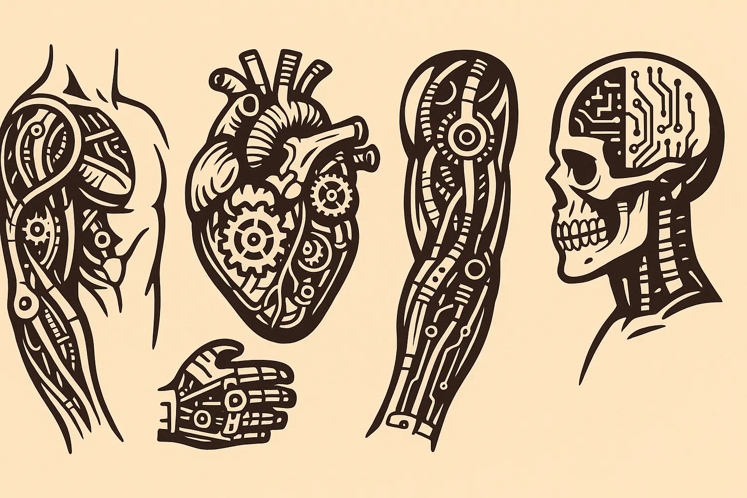 Biomechanical tattoo integration organic mechanical elements