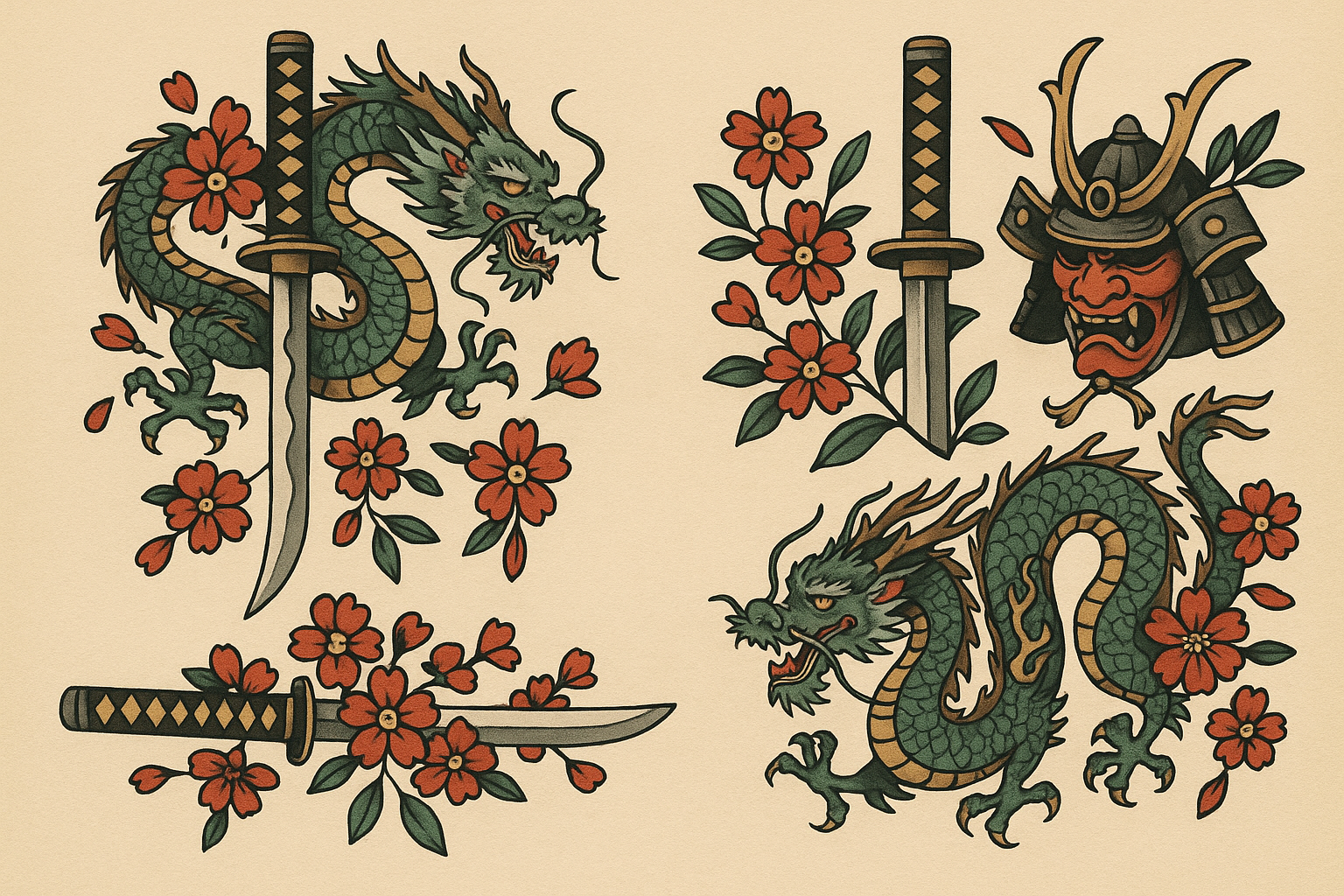Traditional Japanese katana tattoo designs with cultural elements