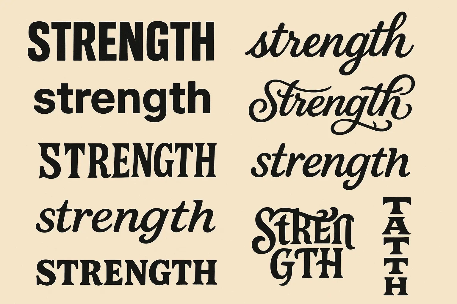 Typography strength tattoo examples in various fonts