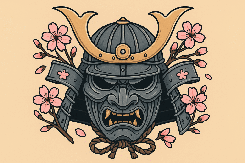 Traditional Japanese samurai tattoo sleeve with mask and cherry blossoms