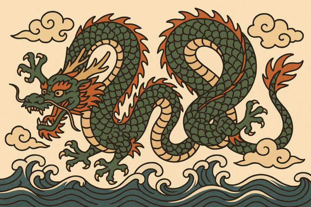 Traditional Japanese sleeve tattoo design with dragon and waves