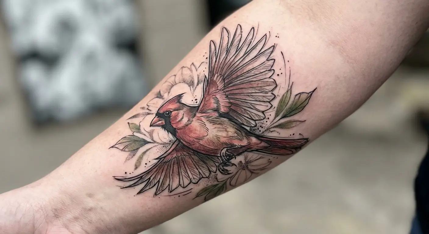 Single cardinal mid-flight ascending tattoo design