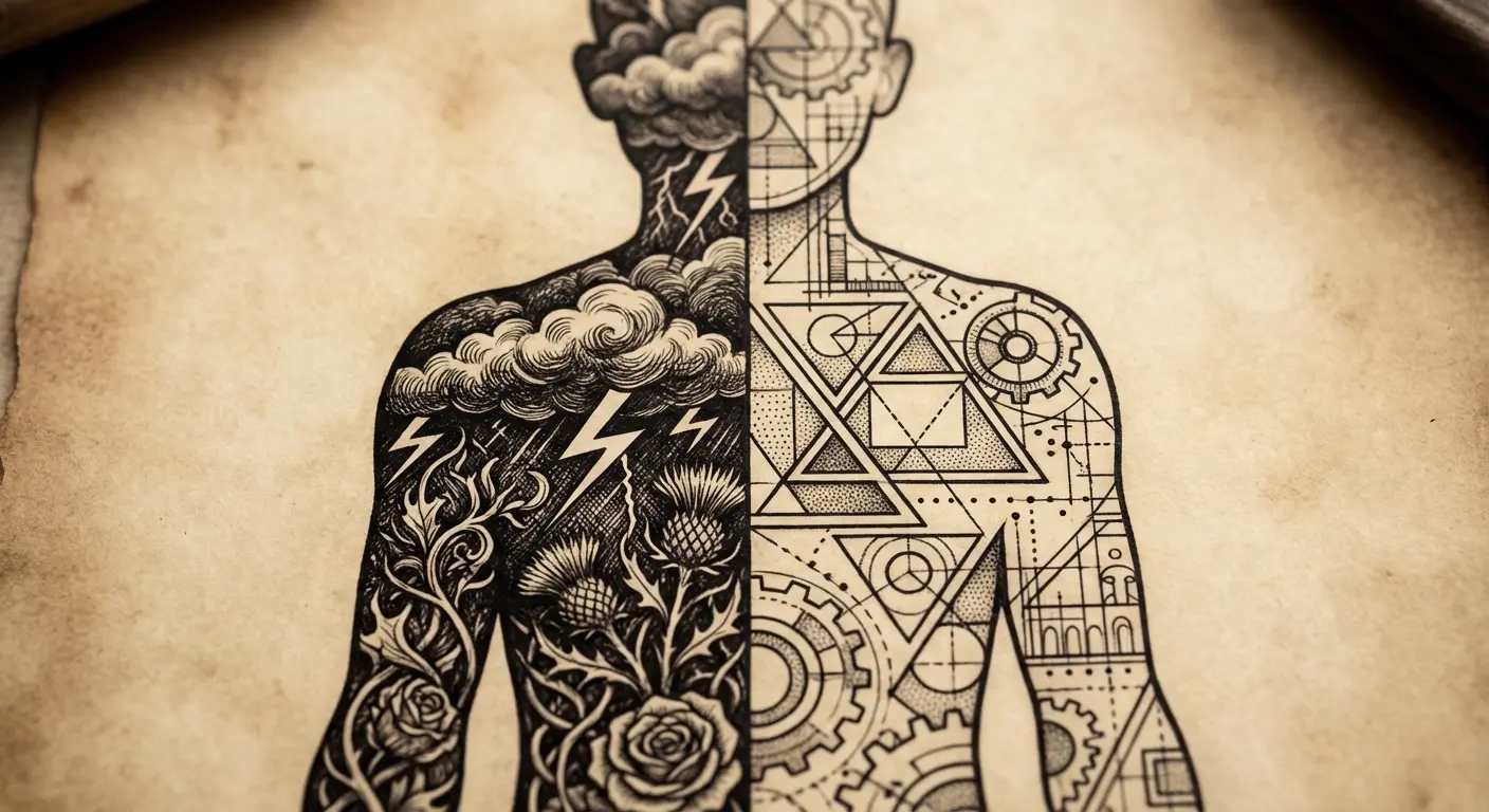 Split personality silhouette tattoo with contrasting elements