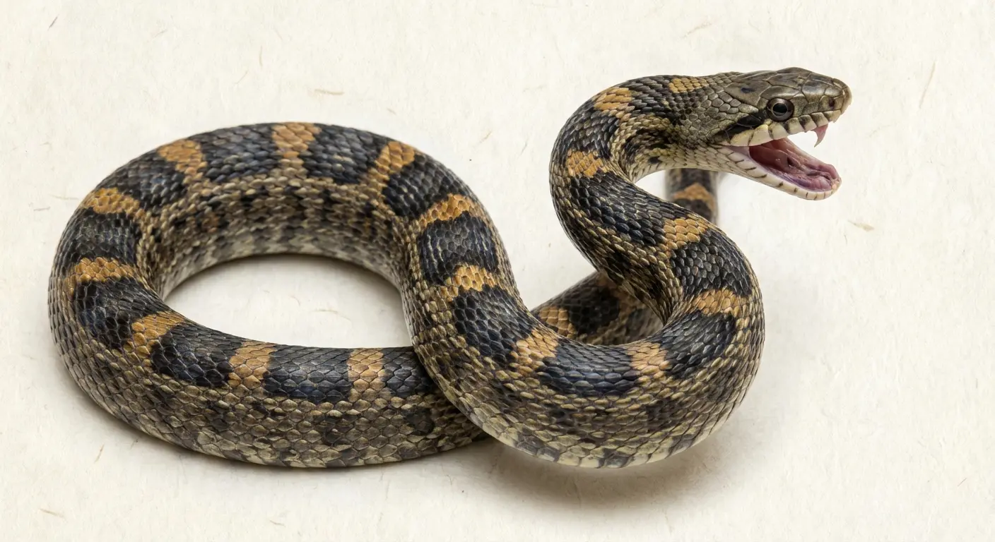 Coiled snake tattoo in strike position