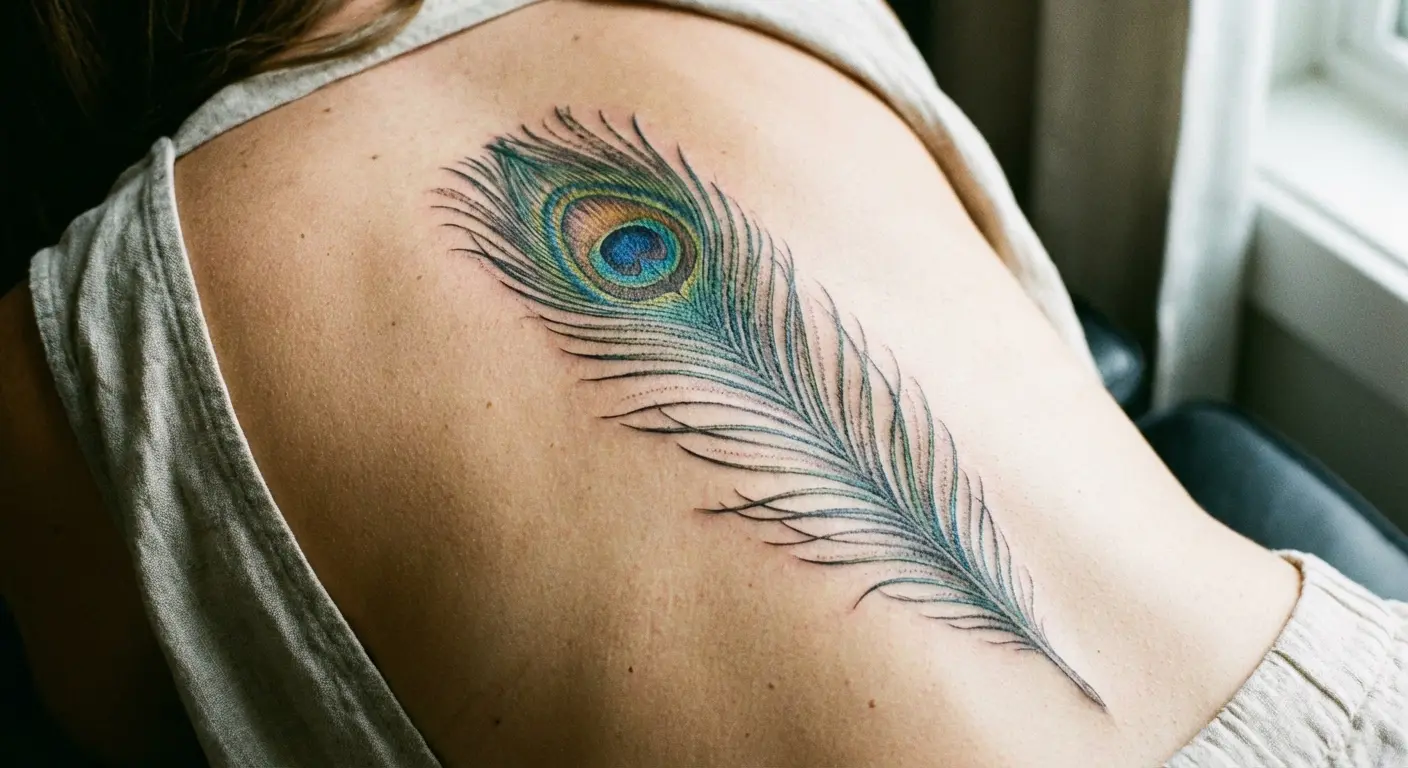 Peacock feather spine tattoo placement