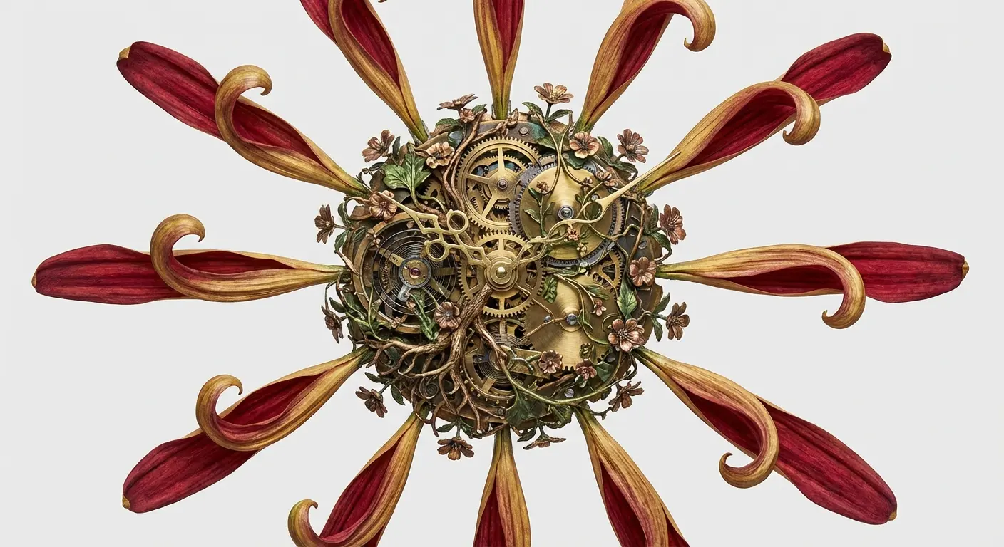 Clock face made from chrysanthemum petals marking 3:47 AM