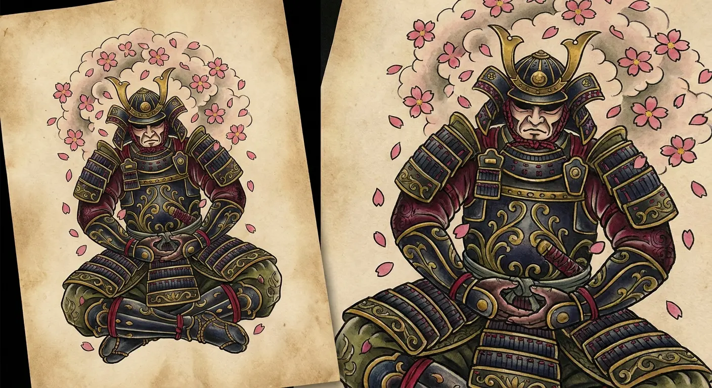 Samurai warrior in contemplative pose with cherry blossoms