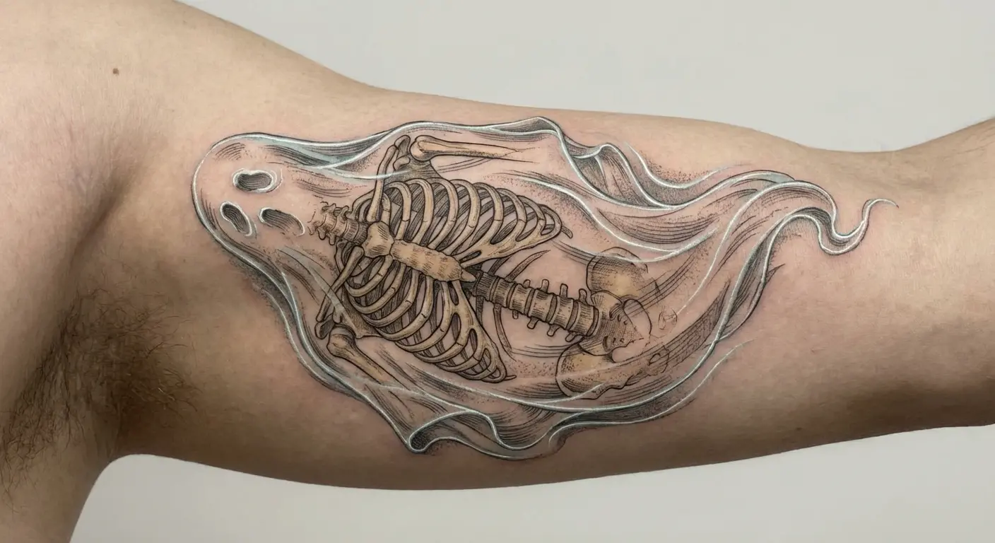 Anatomical ghost with ribcage tattoo