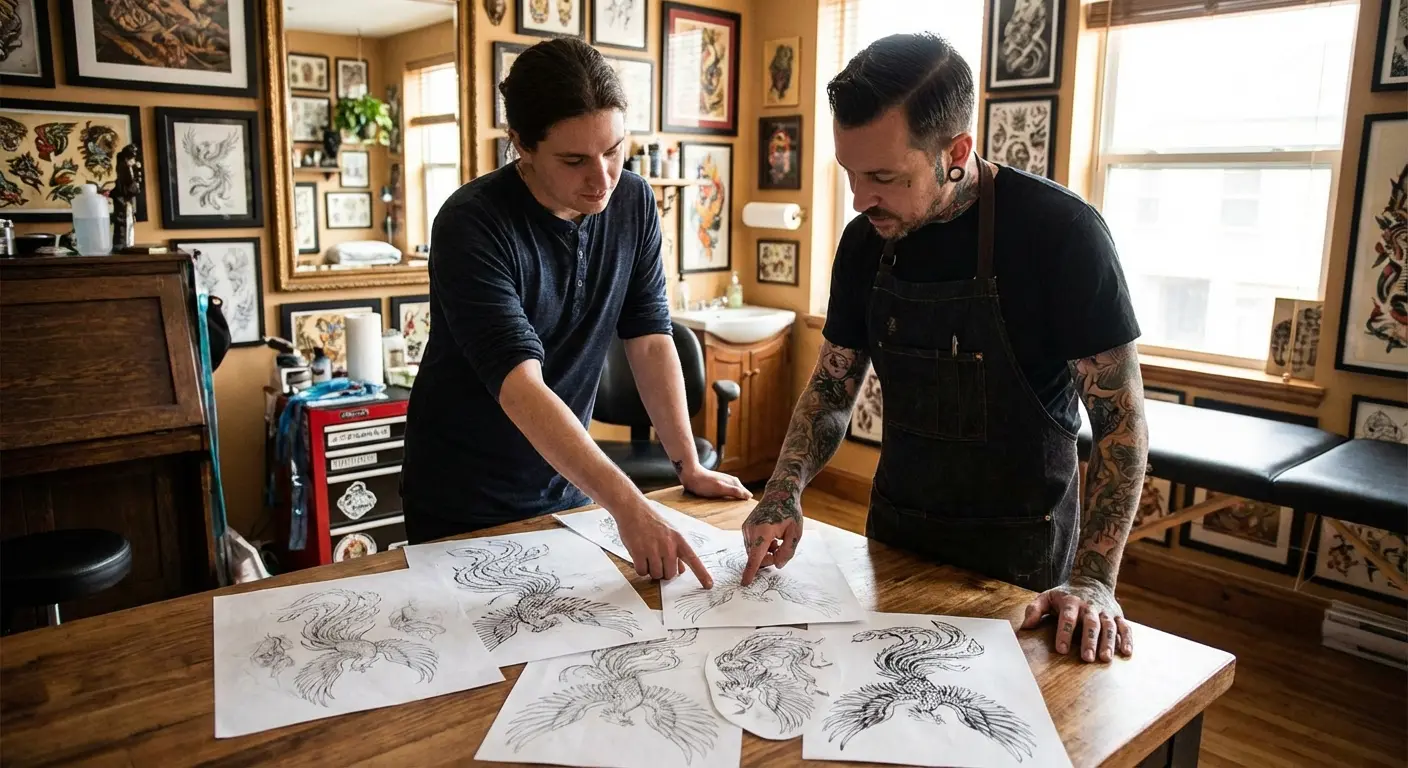 Custom phoenix tattoo design process