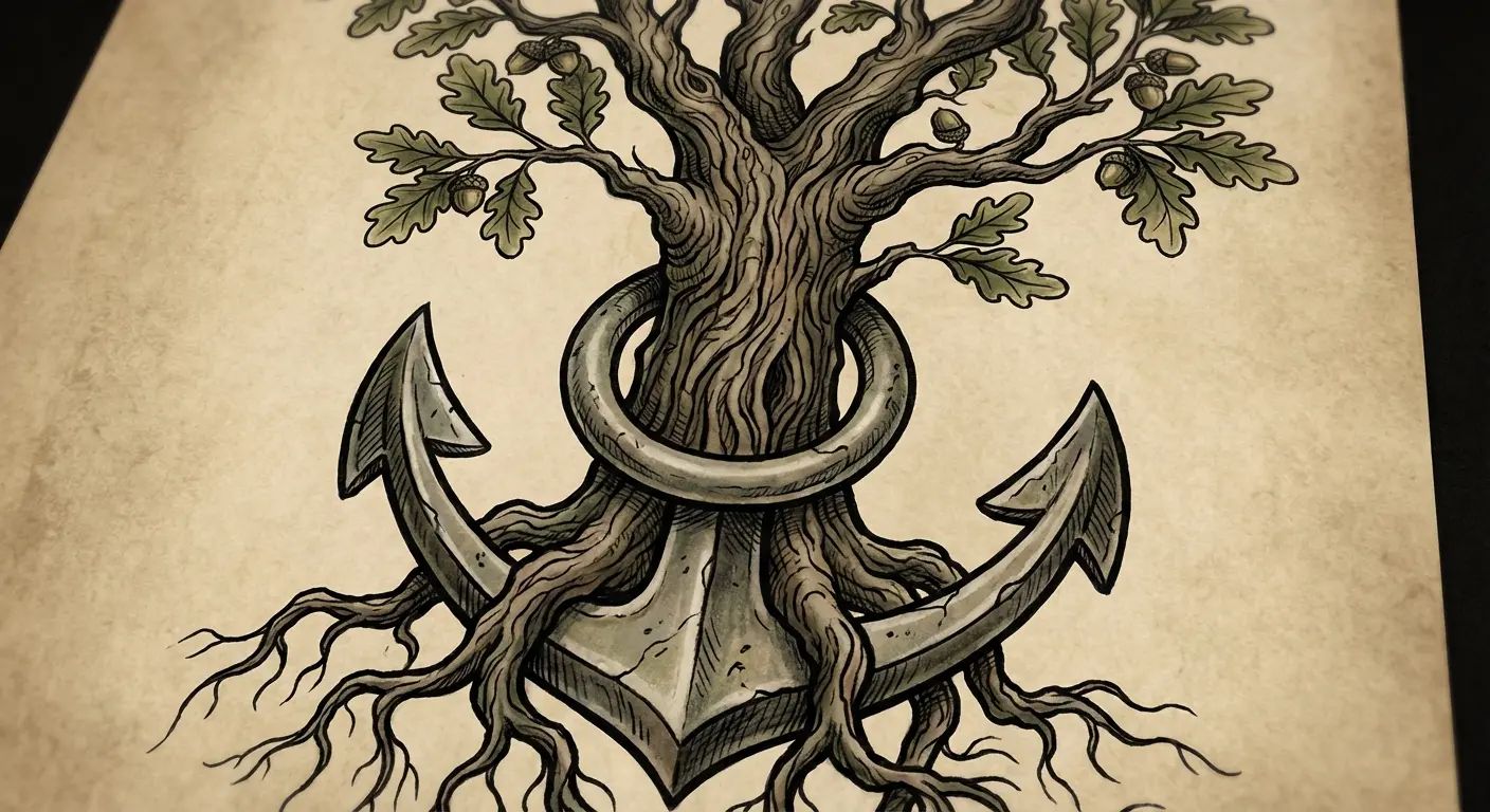 Tree growing through anchor frame tattoo