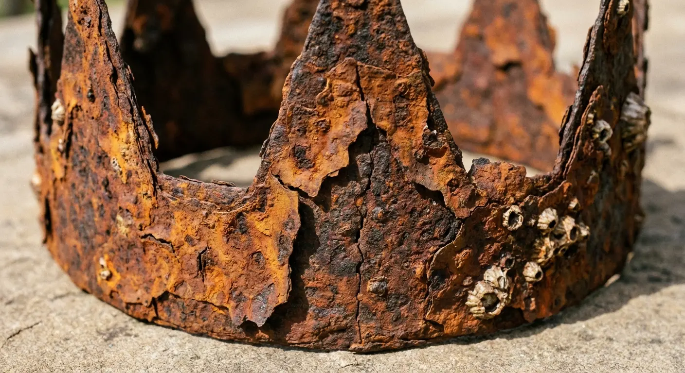 Rusted iron crown tattoo with oxidation