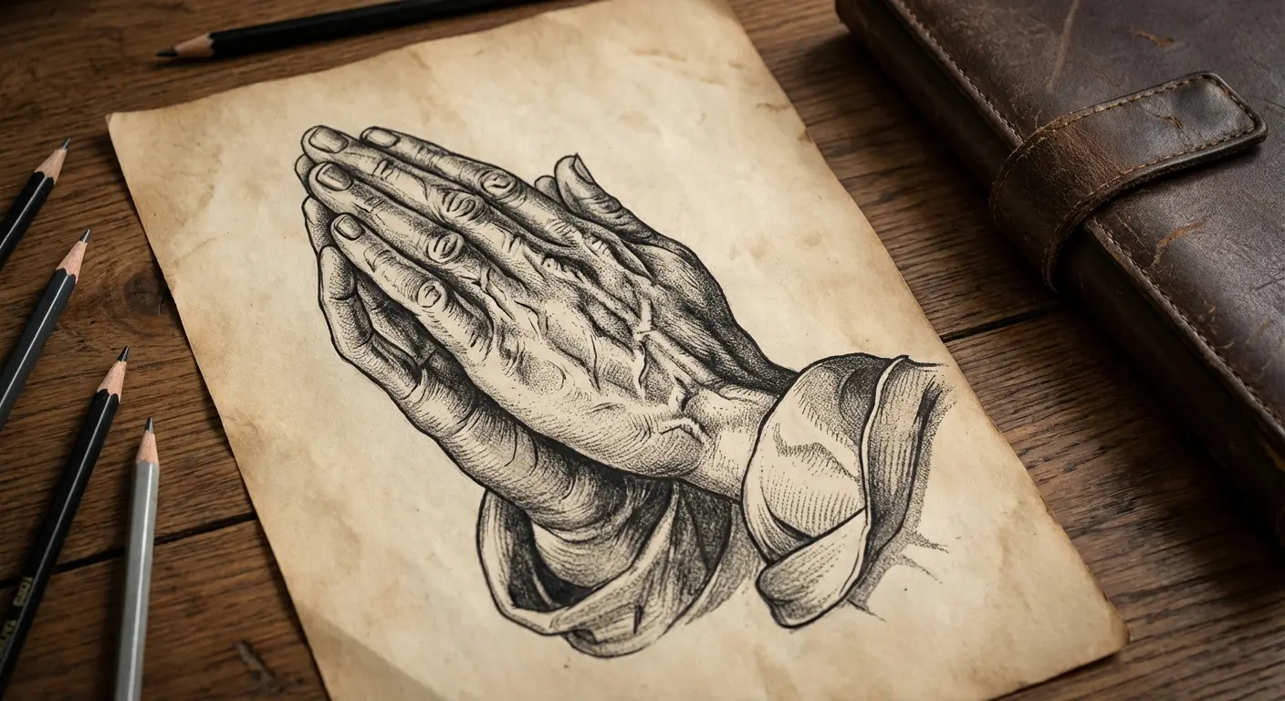 Praying hands tattoo with floral elements