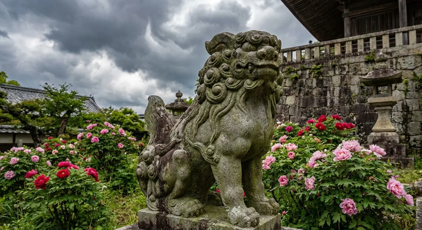 Foo dog sleeve with peony accents