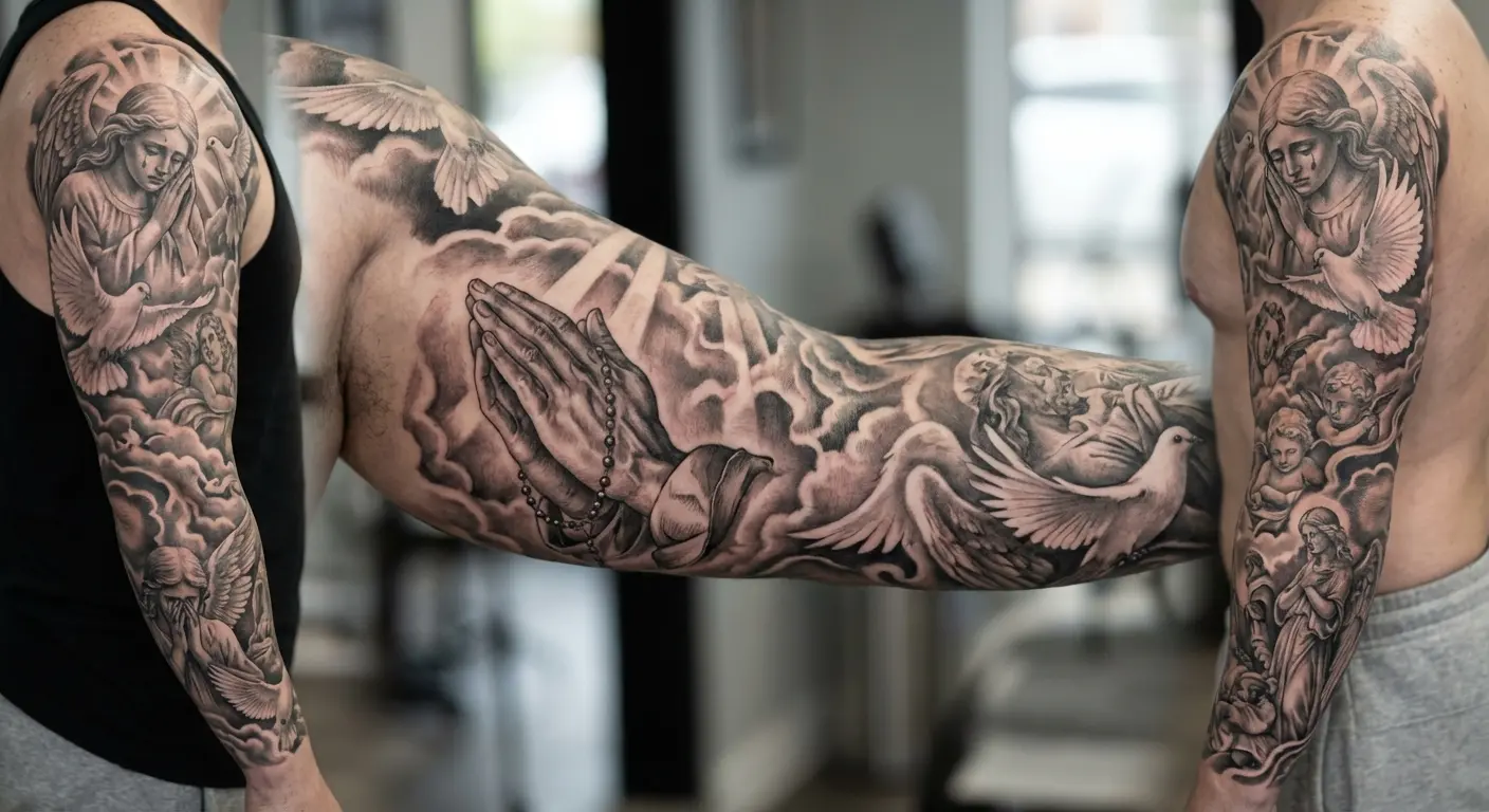 Full sleeve praying hands tattoo with religious iconography