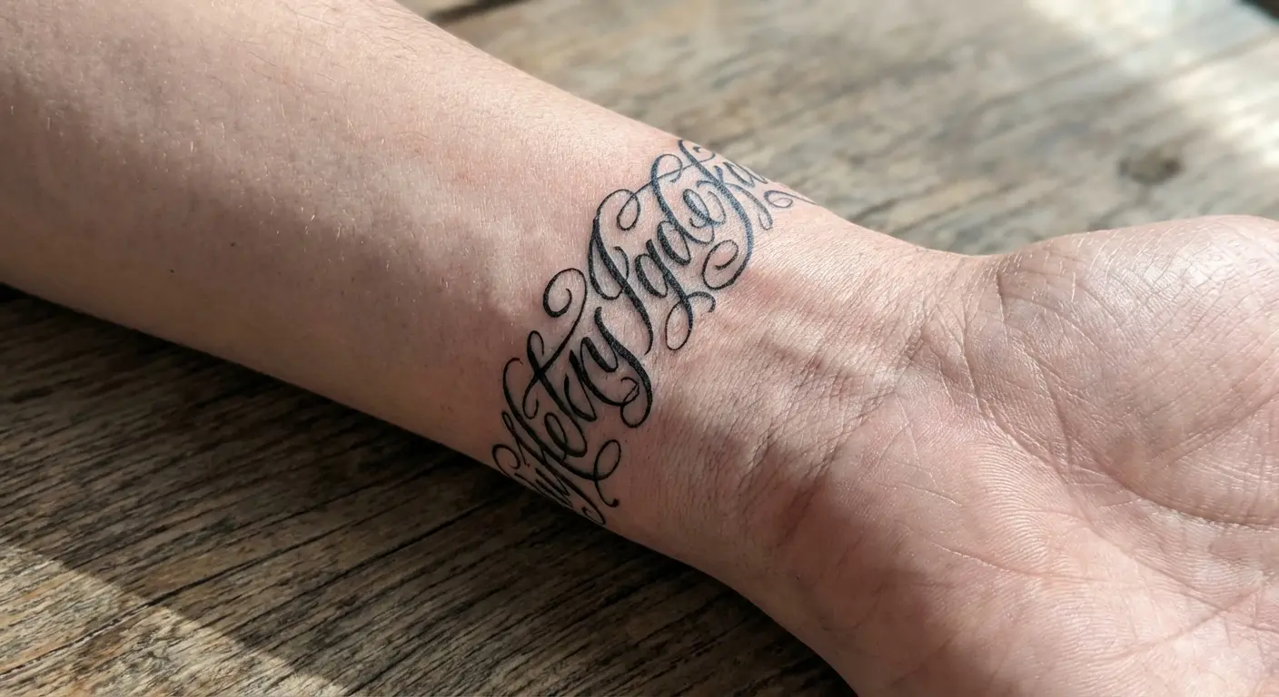 Text curving in a circle around someone's wrist