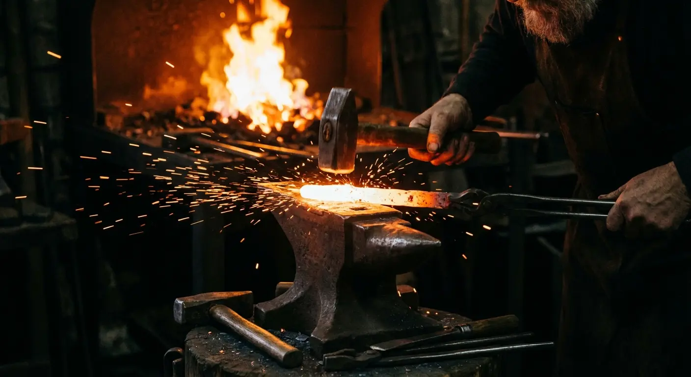 Blacksmith forge with Mjolnir being forged tattoo
