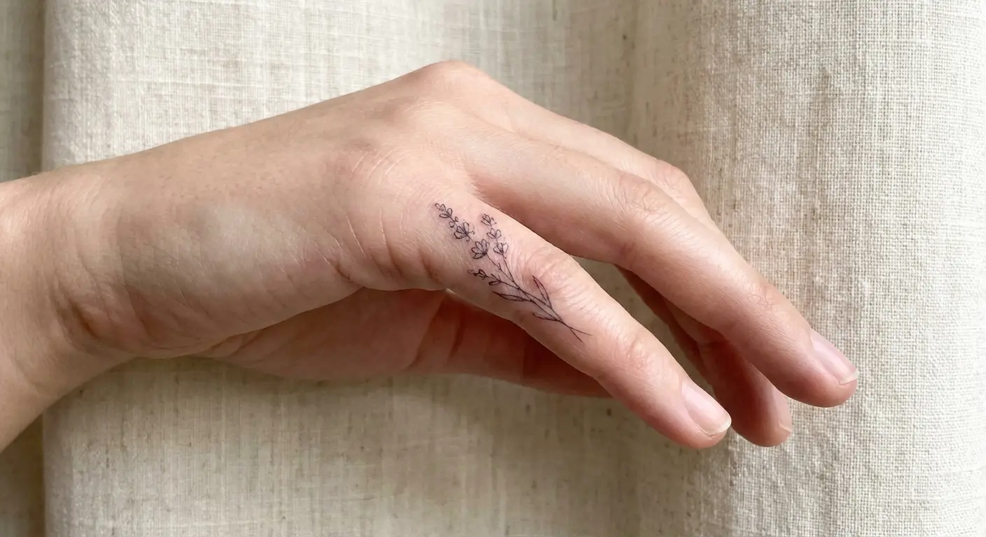 Micro botanical sprig tattoo on pinky finger