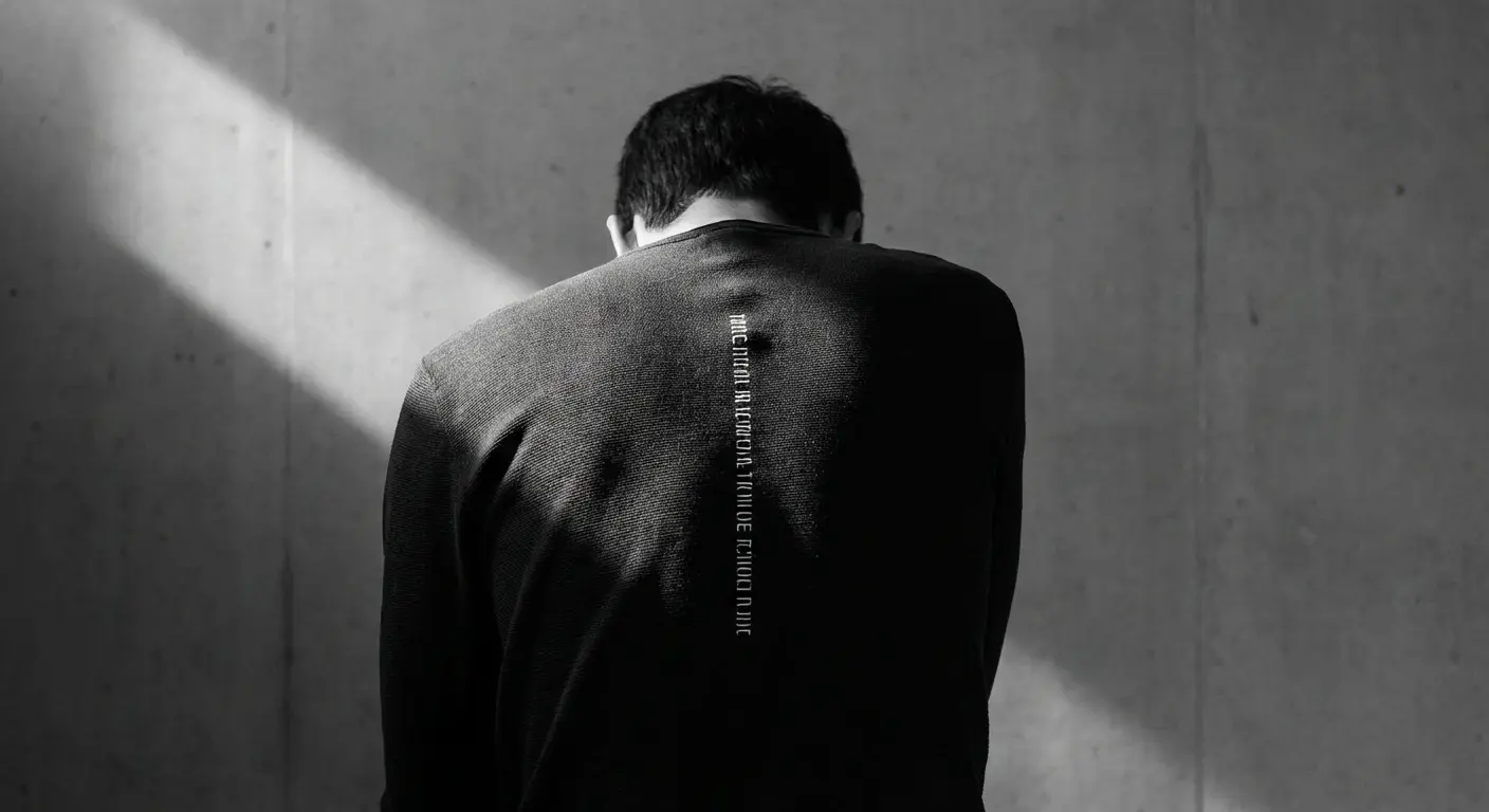 Words stacked vertically down spine, photographed from behind