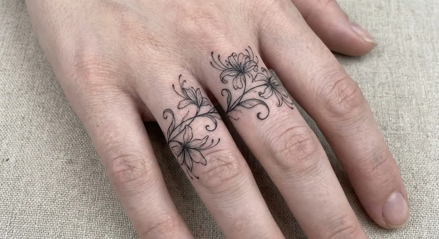 Finger-wrap spider lily vine tattoo