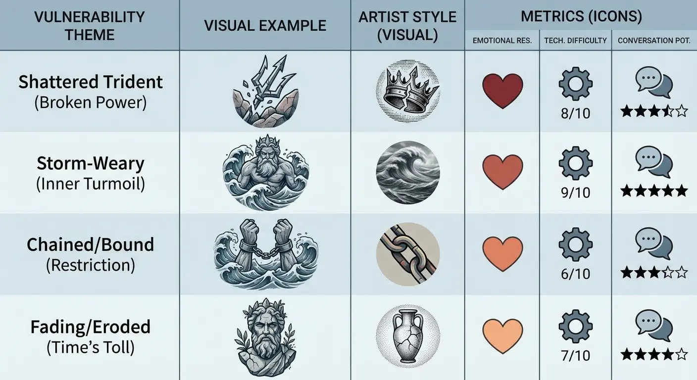 Aging Poseidon with weathered features tattoo