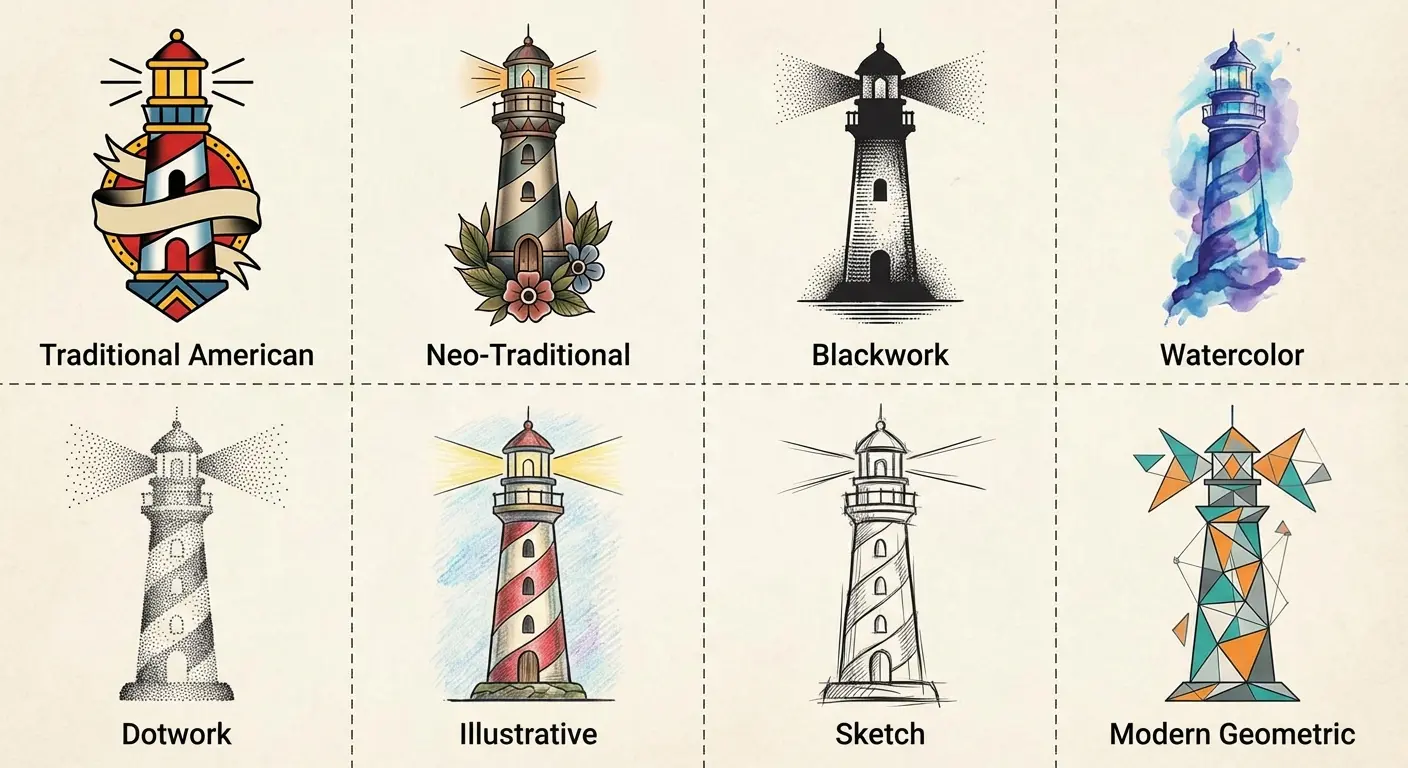 Architectural lighthouse tattoo style interpretations