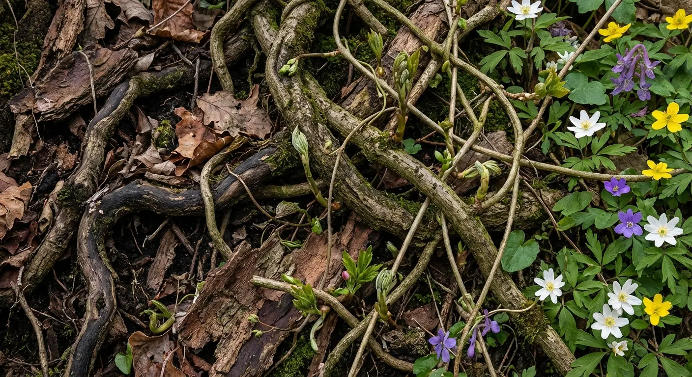 Ouroboros with botanical growth and floral elements