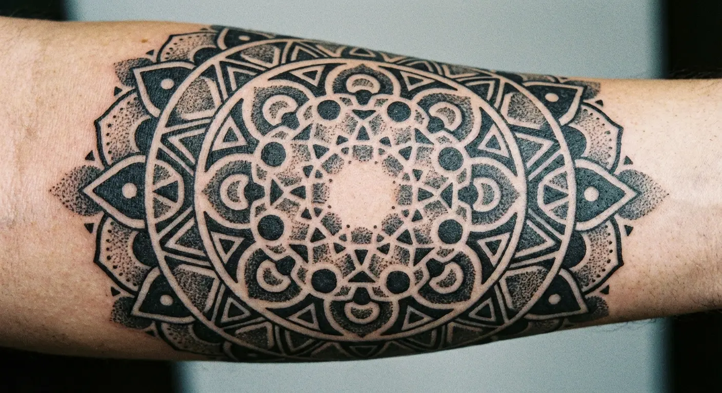 Geometric mandala tattoo with negative space design