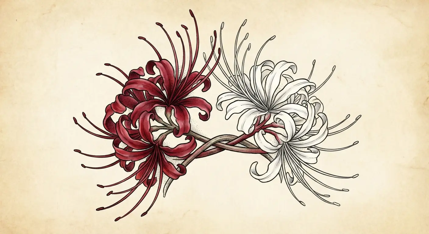 Dual red and white spider lily pair