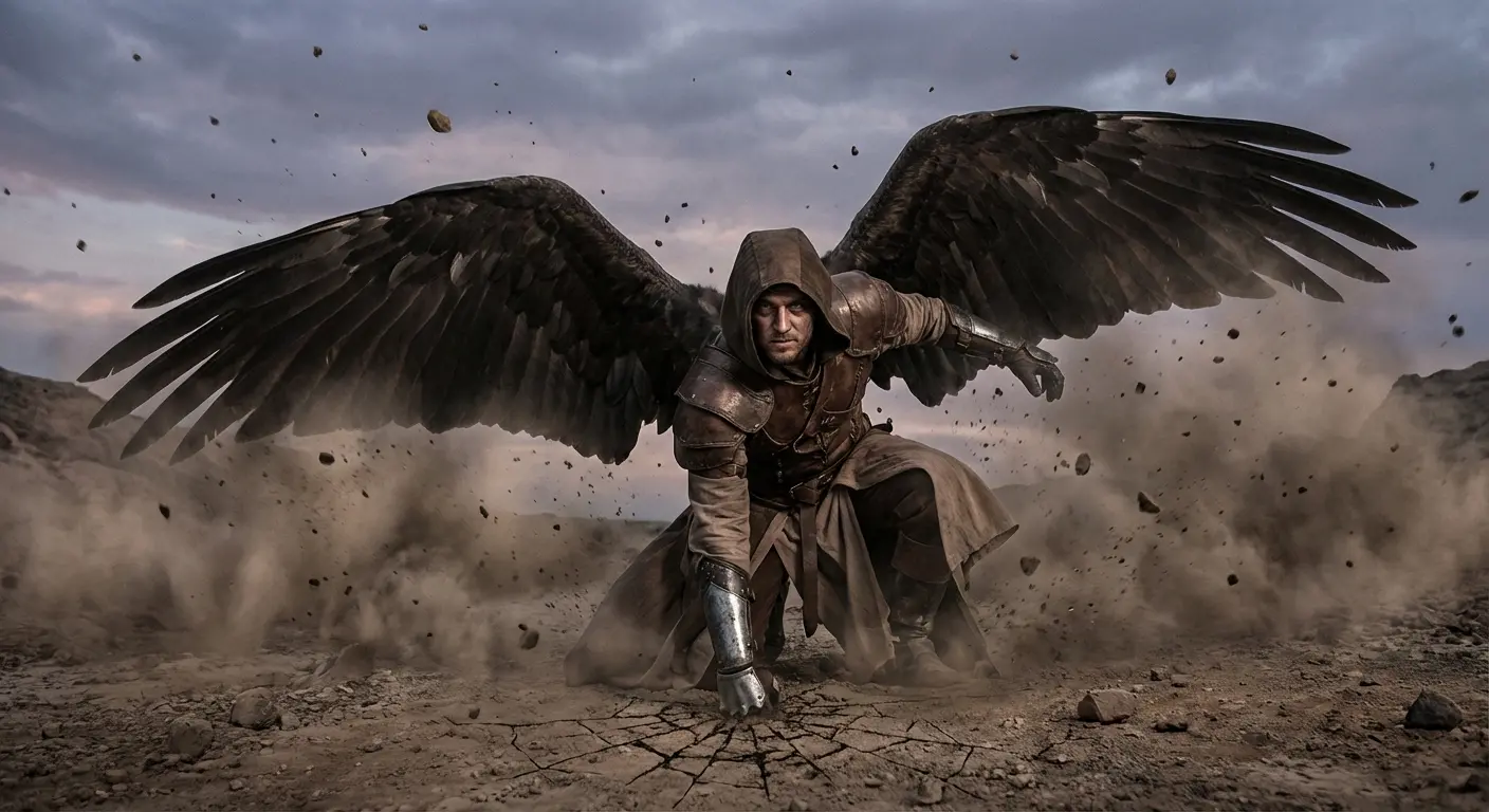 Angel landing in powerful stance tattoo