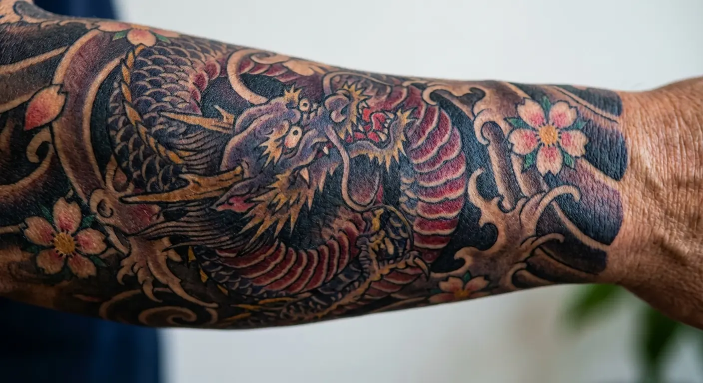 Dragon wrapping around torso in classic irezumi style