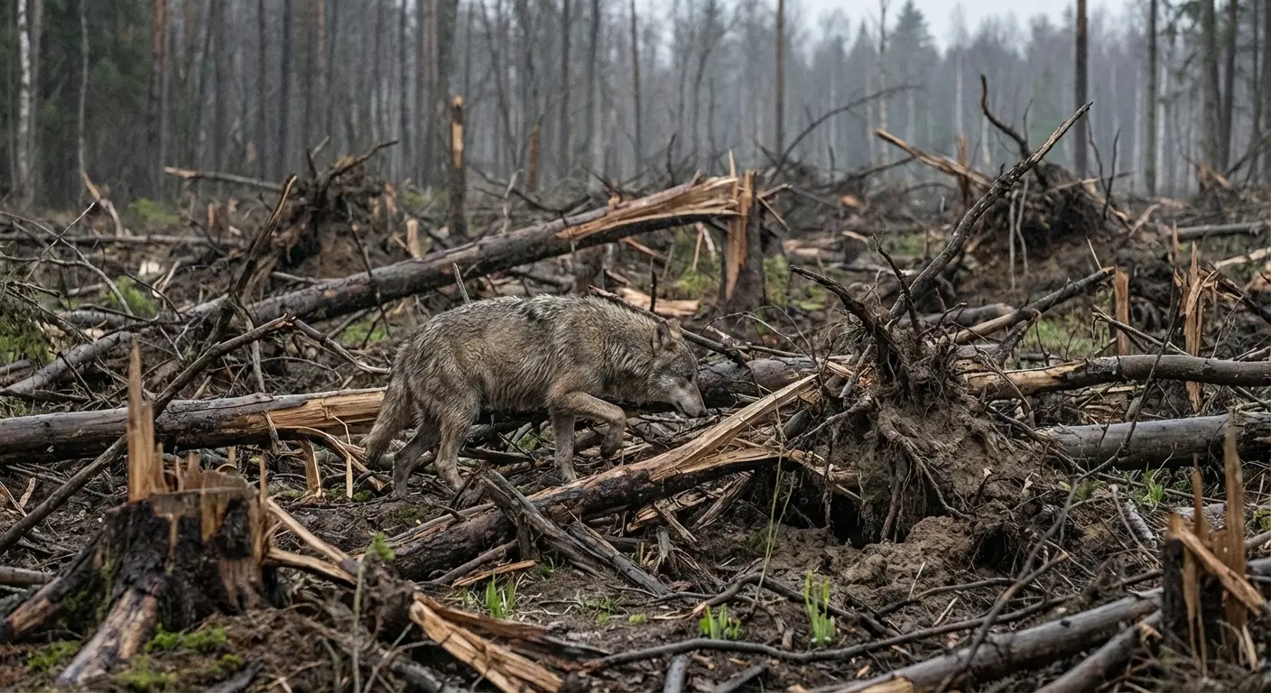 Wolf navigating through fallen and broken trees