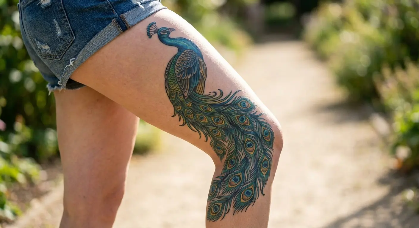 Thigh peacock tattoo cascading design