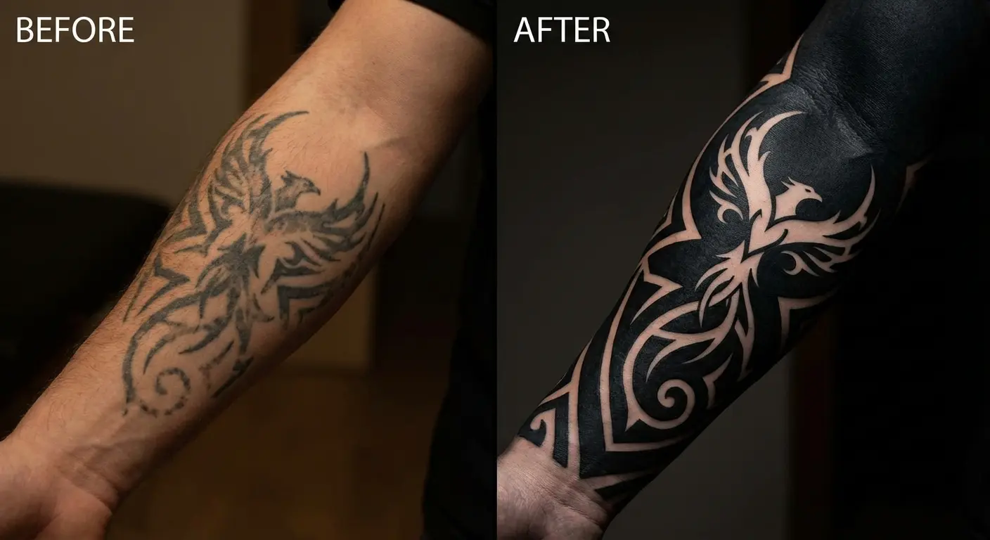 Blackout cover-up tattoo transformation with negative space