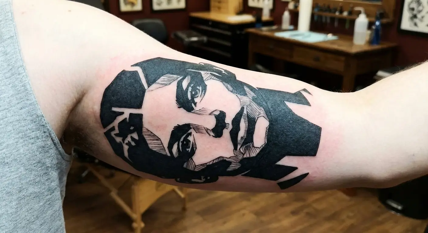 Blackwork San Judas with negative space