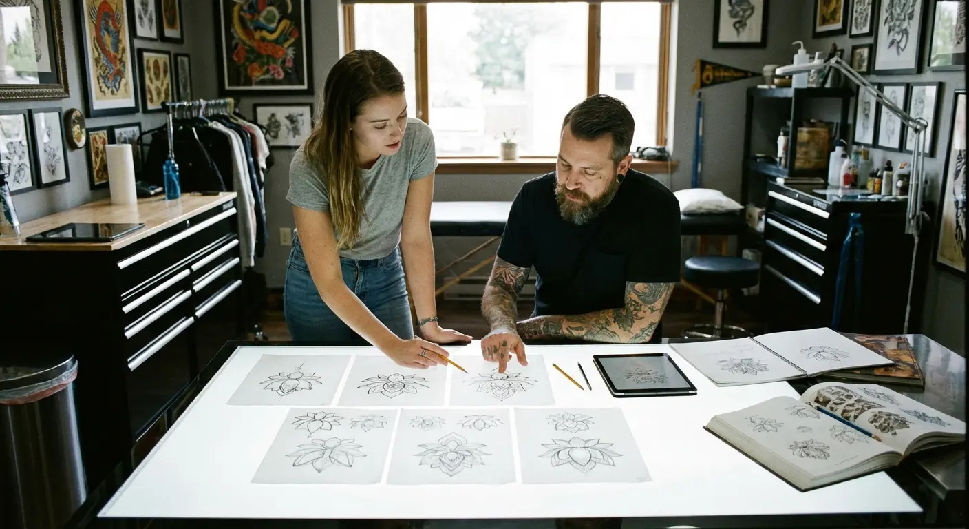 Sketch process for lotus tattoo design