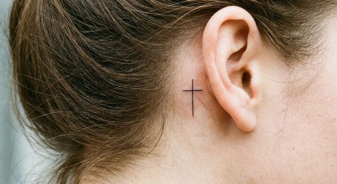 Small behind-the-ear cross tattoo placement