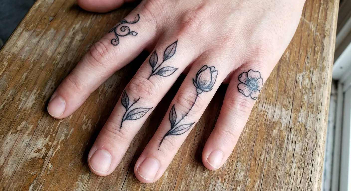 Coordinated finger tattoo set across multiple fingers
