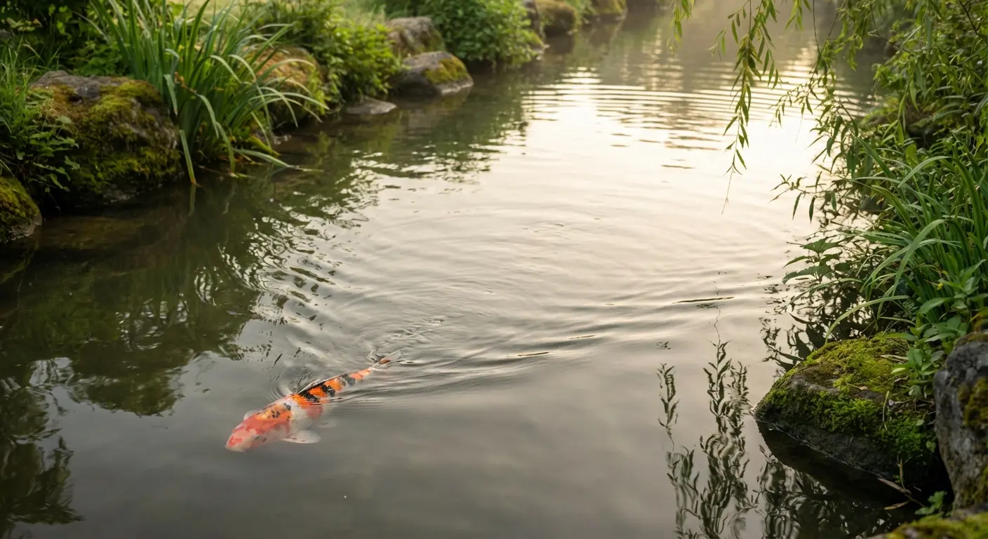 Downstream koi fish tattoo with peaceful water
