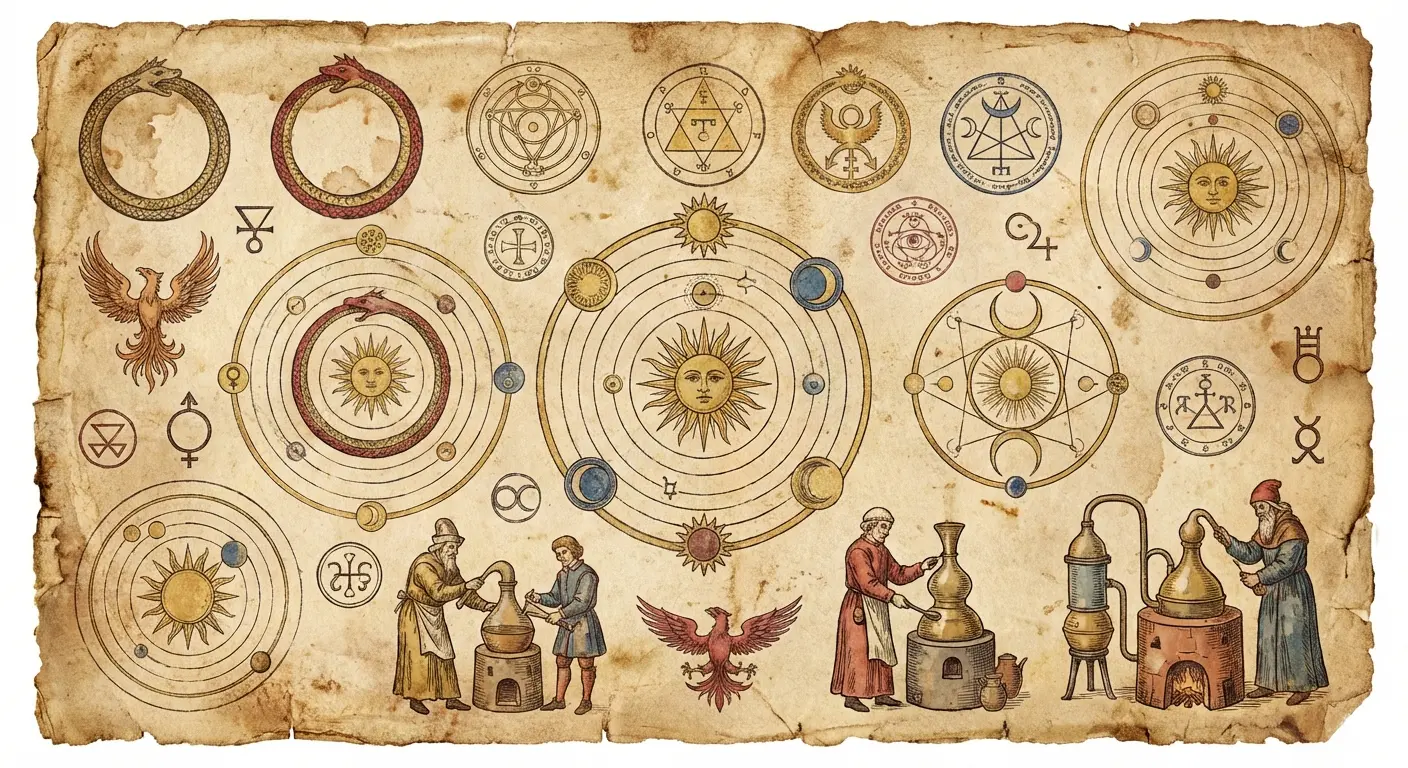 Ancient alchemical ouroboros tattoo design with symbols