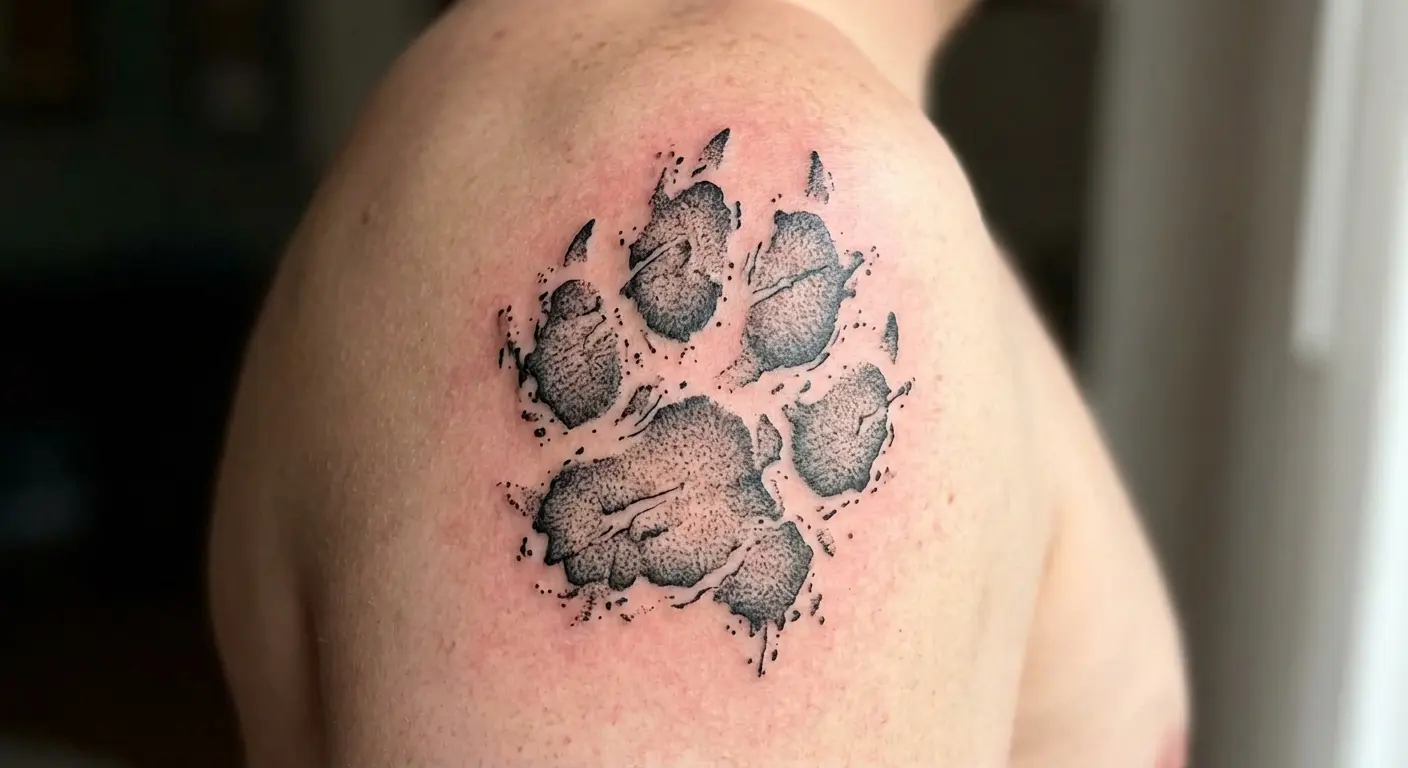 Realistic muddy paw print with splatter effect on shoulder