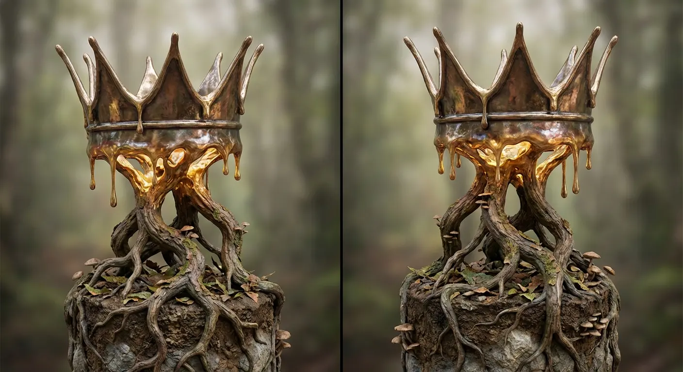 Crown melting into tree roots tattoo