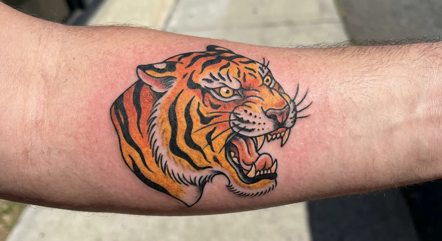 Traditional tiger head flash tattoo