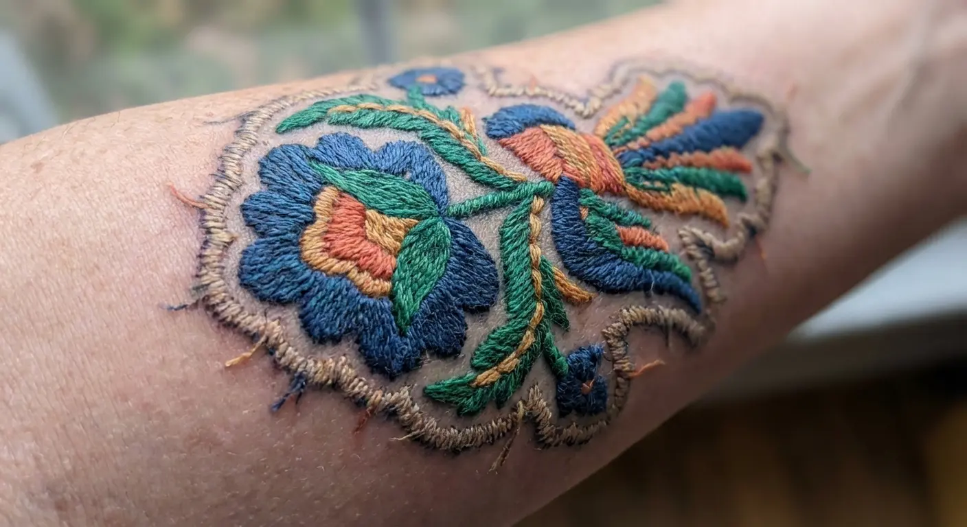 Detailed embroidered patch tattoo on skin