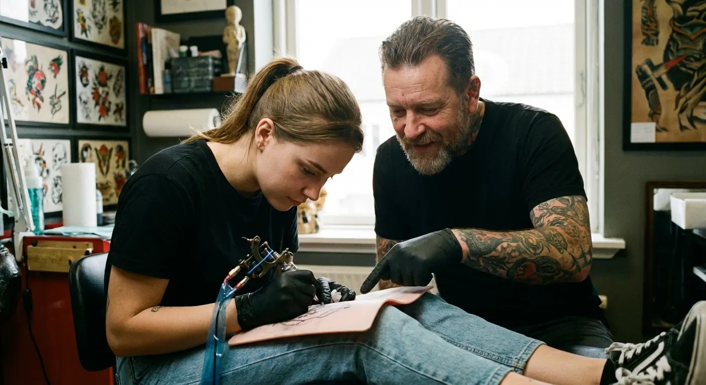 Junior tattoo artist working under supervision