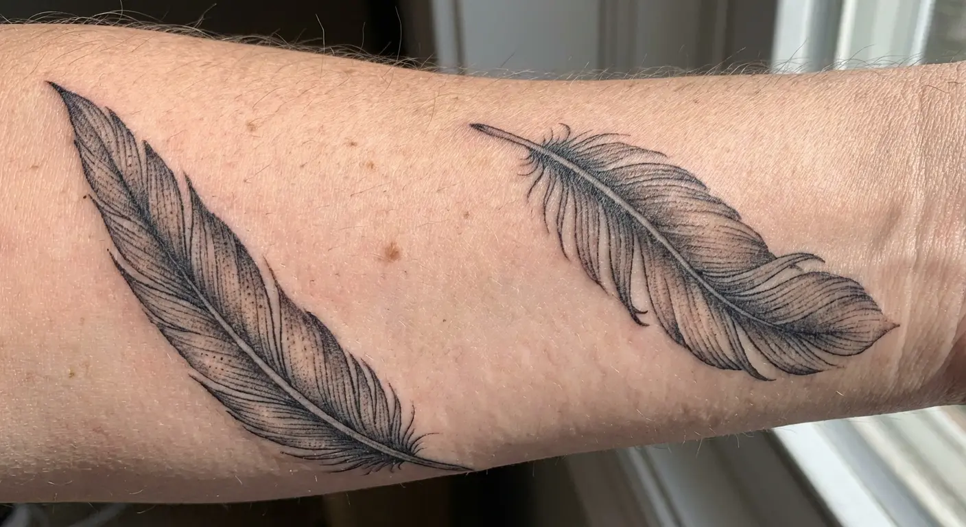 Feather tattoo showing directional movement and flow