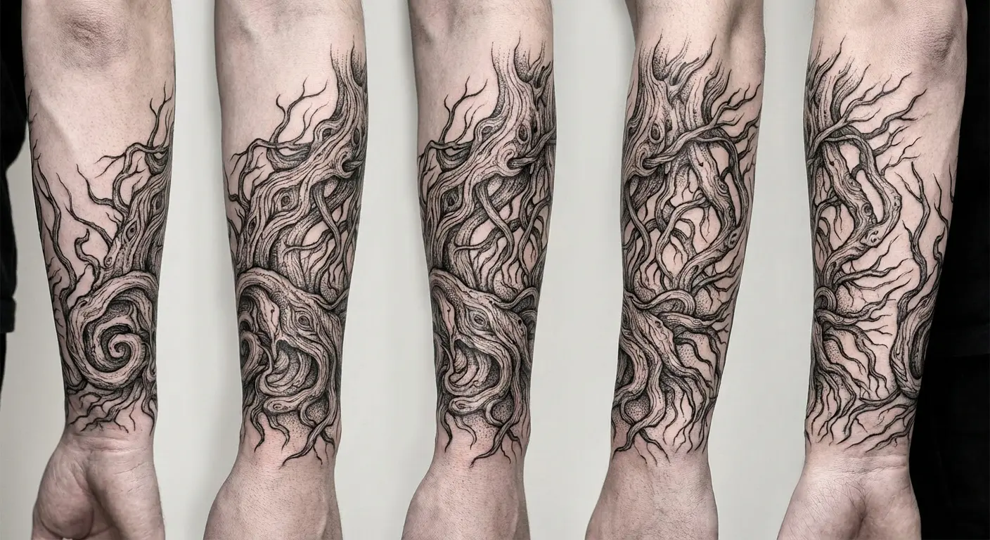 Inverted root system forearm tattoo design