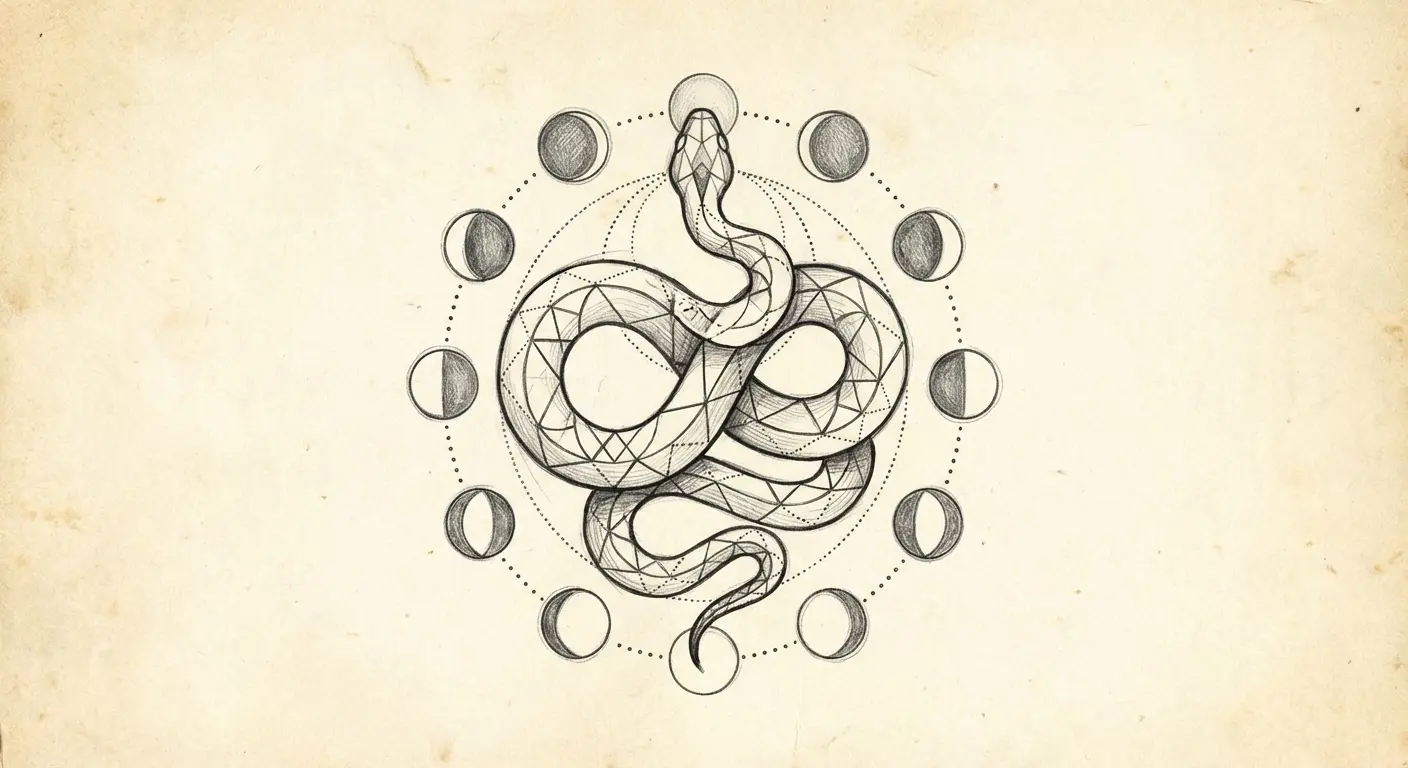 Complex snake tattoo with multiple symbolic elements