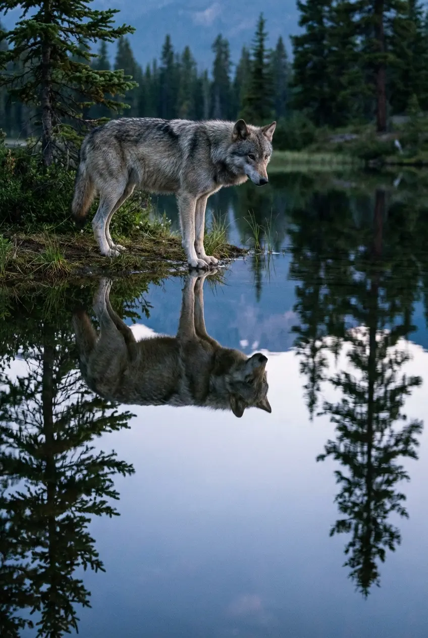 Wolf reflected in still water with mirror image