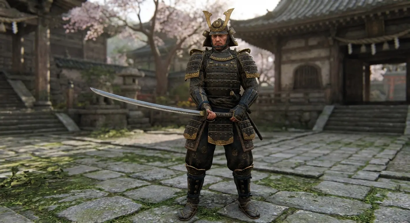 Samurai warrior in full armor. Notice the detail in the helmet and the way the figure holds the sword, ready but not aggressive.